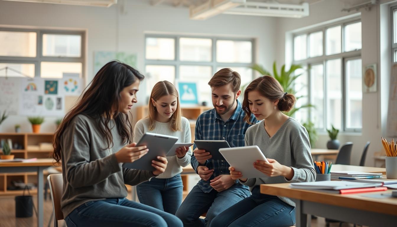Students studying together in modern classroom